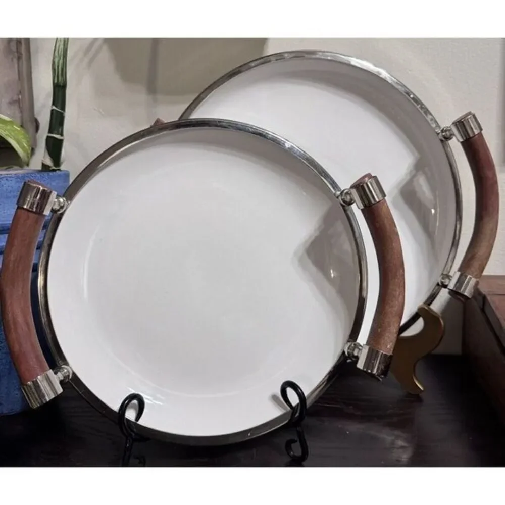 Set‎ Of Two White Ceramic Salad Trys With Wooden Handles And Chrome Rims.